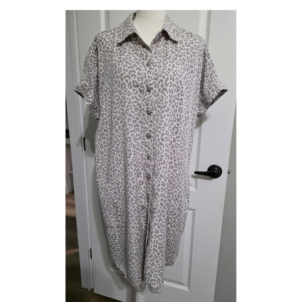 Soft Surroundings Women Large Gray Leopard Print Tencel Shirtdress Midi Safari